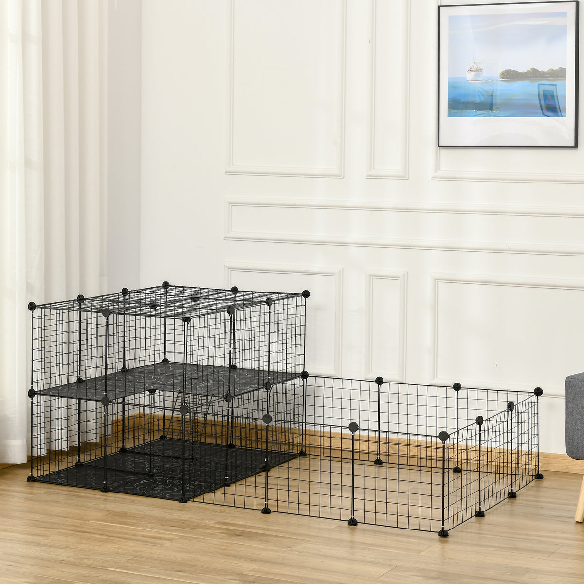 Parc enclos modulable DIY, 2 niveaux, enclos pour petits animaux, hamsters, lapins, cochon d'inde, panneaux grillagés, 45 panneaux, 175 x 105 x 70 cm, noir-9