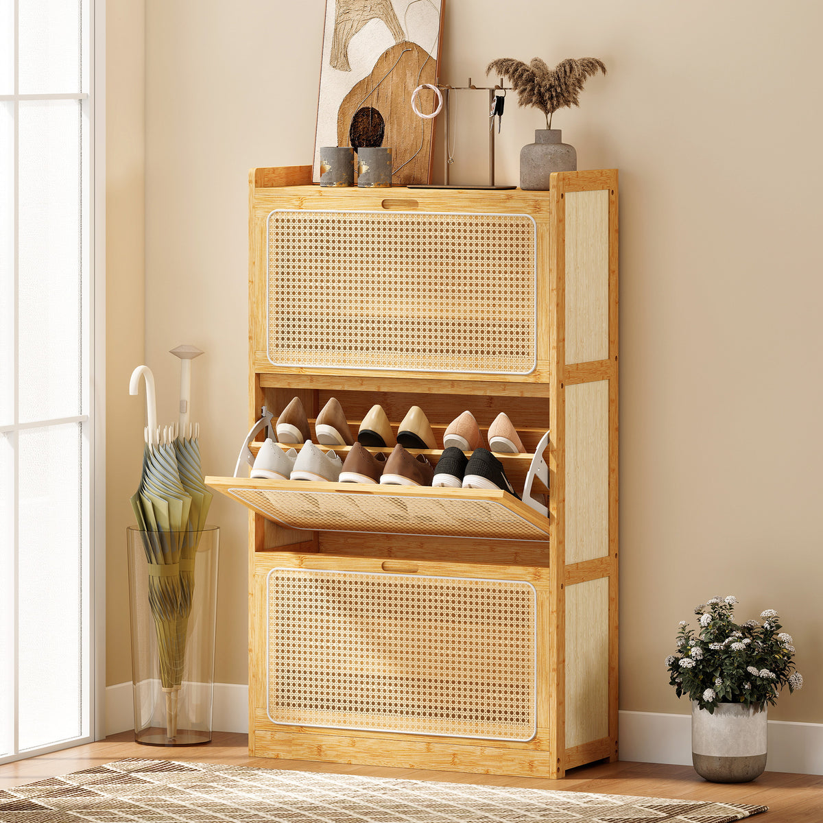 Meuble à chaussures 14 paires, armoire à chaussures 3 tiroirs rabattables, étagères réglables 69x29x119,8cm bois naturel-1