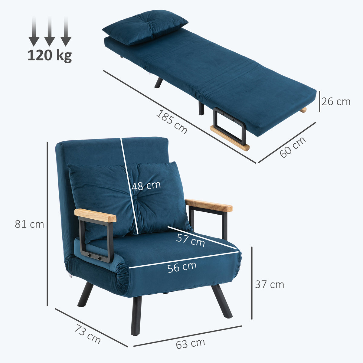 Fauteuil convertible 3 en 1 lit 1 place dossier 5 positions, accoudoirs en bois et coussin, tissu effet velours, bleu-2