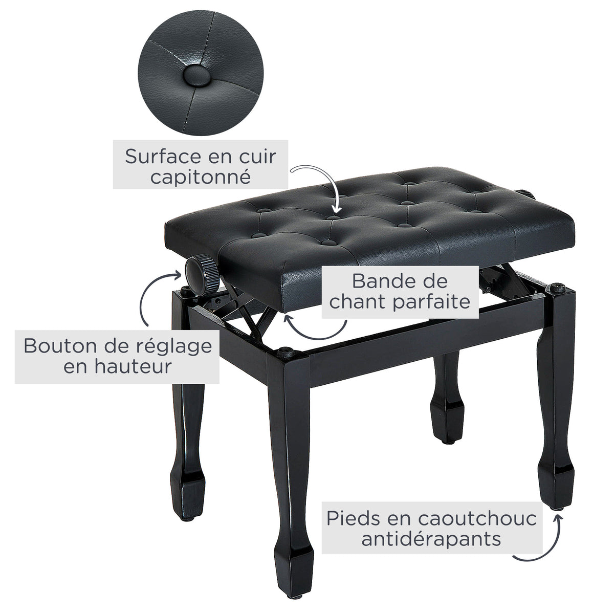 Banc de piano, banc de clavier réglable en hauteur en bois massif, tabouret piano avec siège rembourré polyuréthane à 10 boutons, stable et antidérapant, charge 200kg, noir-4