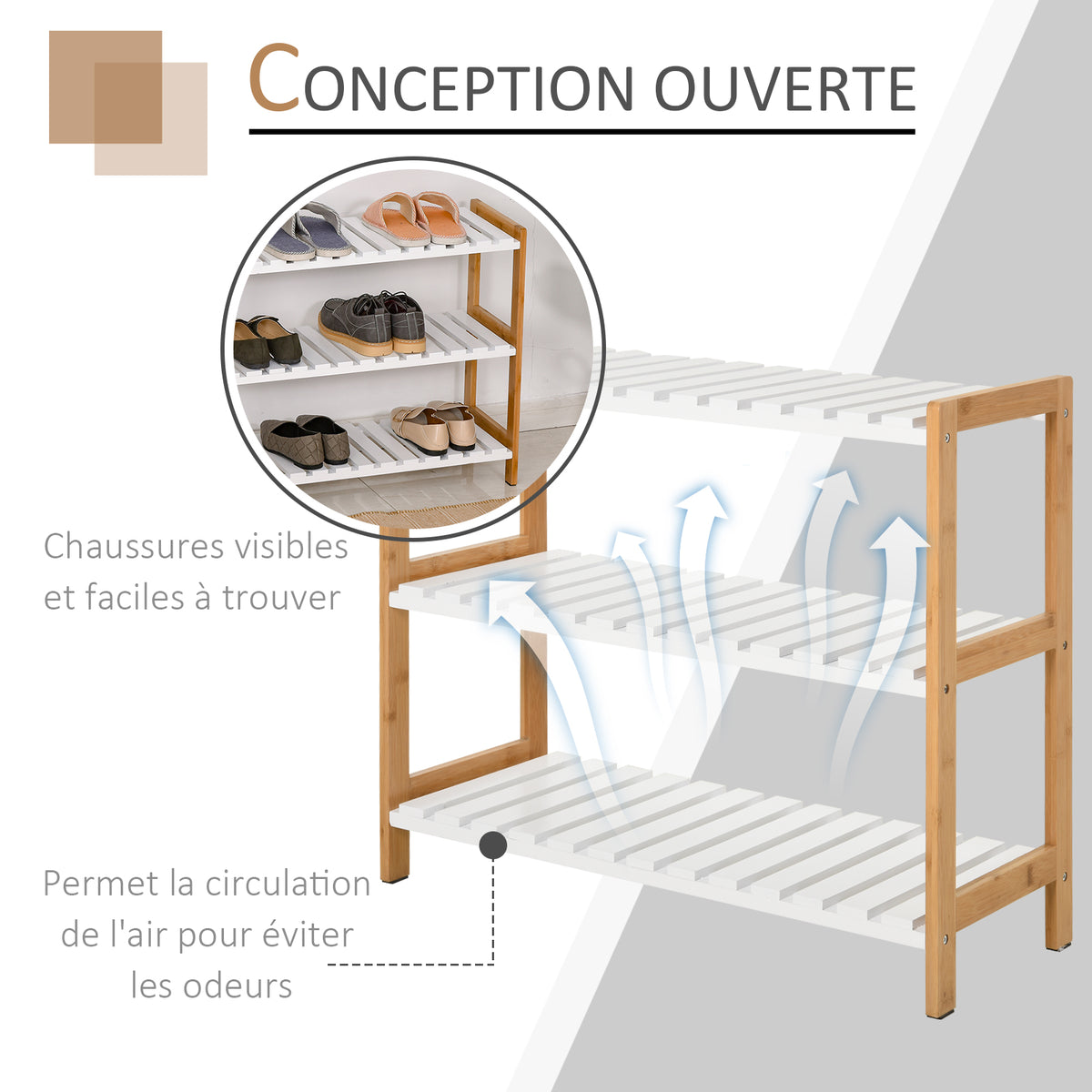 Étagère à chaussures à 3 niveaux, porte-chaussures en bois de pin avec 3 étagères à lattes, pour salon, entrée, 70 x 26 x 57,5 cm, blanc et effet bois naturel-5