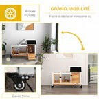 Clapier cage à lapins rongeurs sur roulettes 2 portes verrouillables - 108 x 58 x 73,5 cm bois massif jaune-6