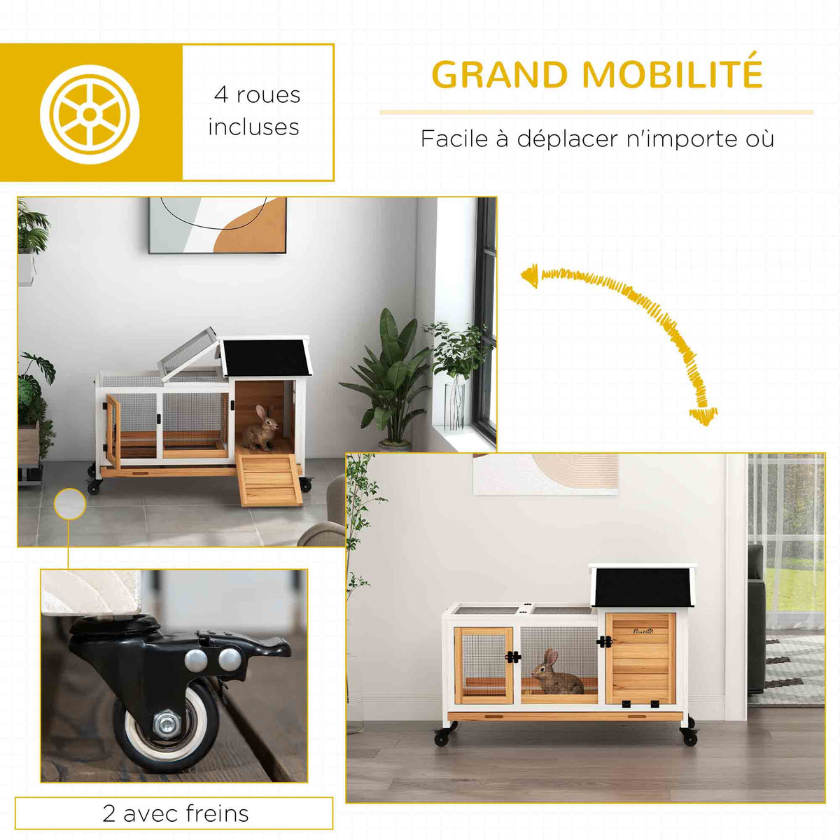 Clapier cage à lapins rongeurs sur roulettes 2 portes verrouillables - 108 x 58 x 73,5 cm bois massif jaune-6