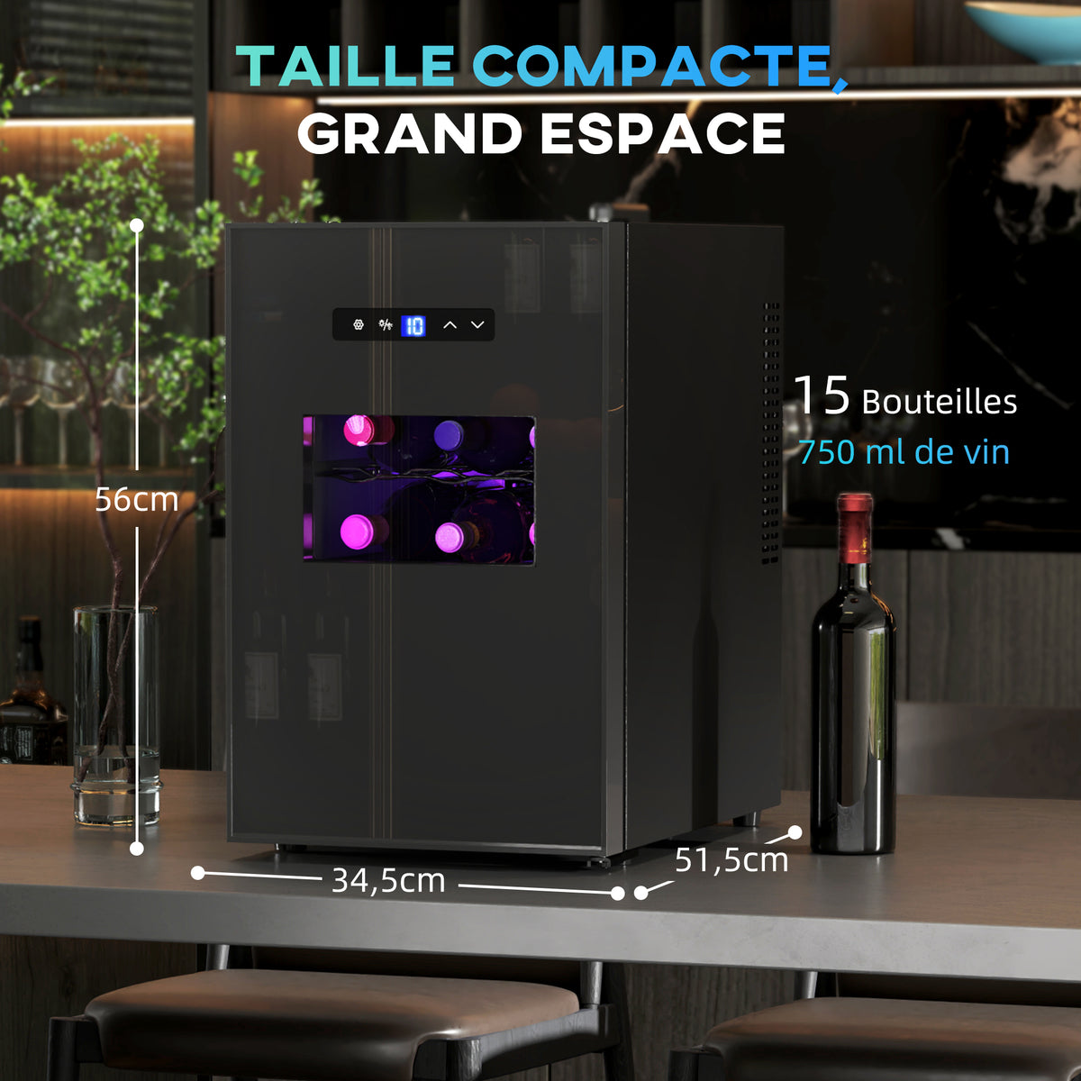 Cave à vin, 15 bouteilles, 39L, Réfrigérateur pour boissons, éclairage LED, température réglable 8-18℃-2