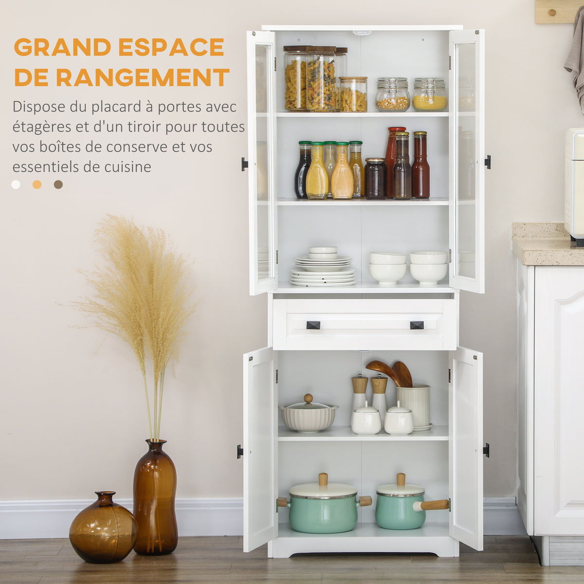 Buffet haut armoire de cuisine 4 portes dont 2 portes vitrées et 1 tiroir hauteur 160 cm avec étagères en bois blanc-3