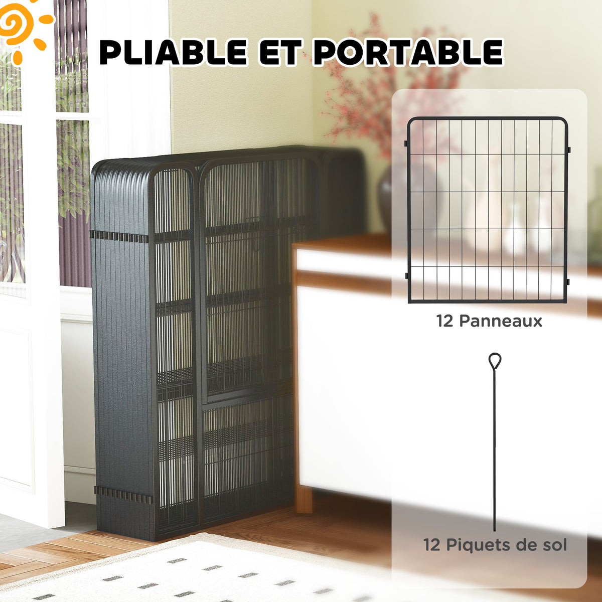 Parc pour chien, enclos chien 12 panneaux modulable et pliable, portable en acier avec porte 68 x 80 noir-5