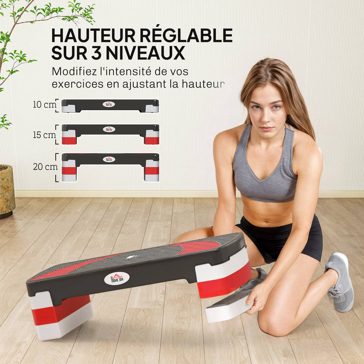 Stepper Fitness Aerobic - .fr x FFHandball - hauteur reglable surface antiderapante 80 x 31 x 20 cm noir gris clair-3