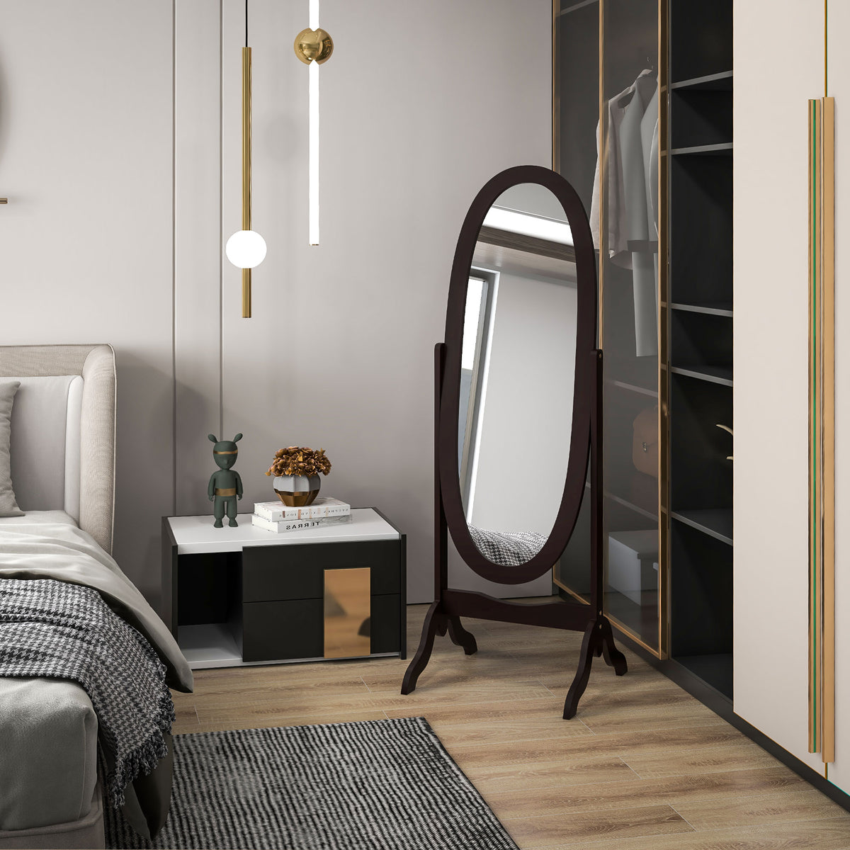 Miroir à pied ovale style shabby chic inclinaison réglable 48 x 46 x 147 cm mdf café-5