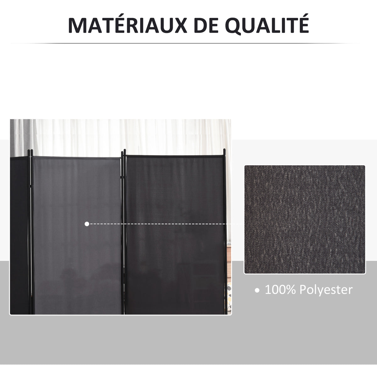 Paravent 3 panneaux dim. 2,53L x 0,5l x 1,82H m Store latéral Brise-Vue paravent sur Pied séparateur métal Polyester-4