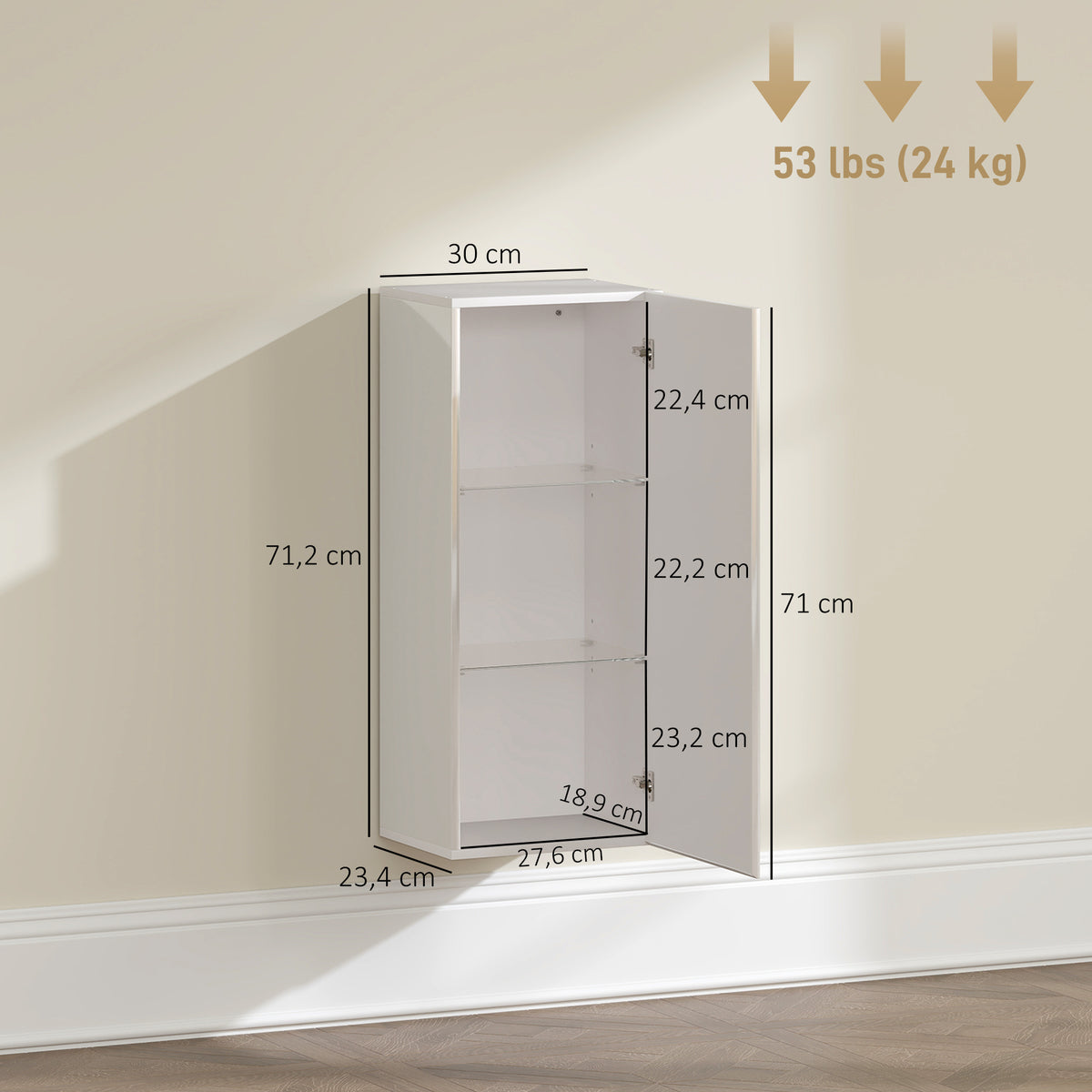 Meuble Mural de Salle de Bain, Étagère Réglable en Verre Trempé, Porte sans Poignée, Moderne, 30x23,4x71,2cm, Blanc-2