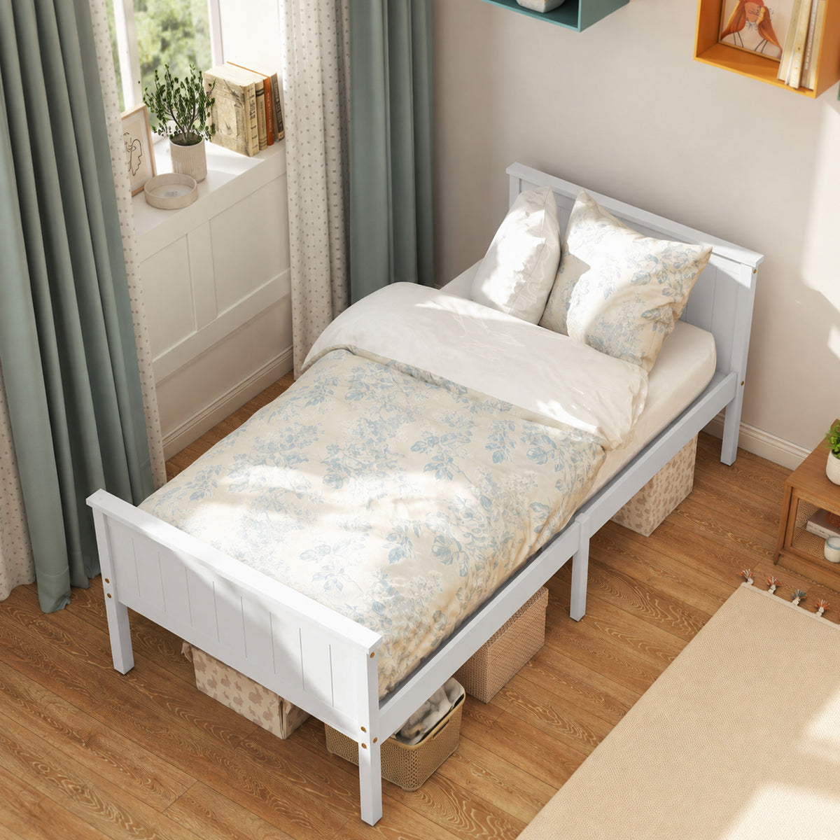Cadre de lit 90 x 200 cm, lit simple en bois massif avec sommier à lattes tête et pied inclus, assemblage facile, blanc-1