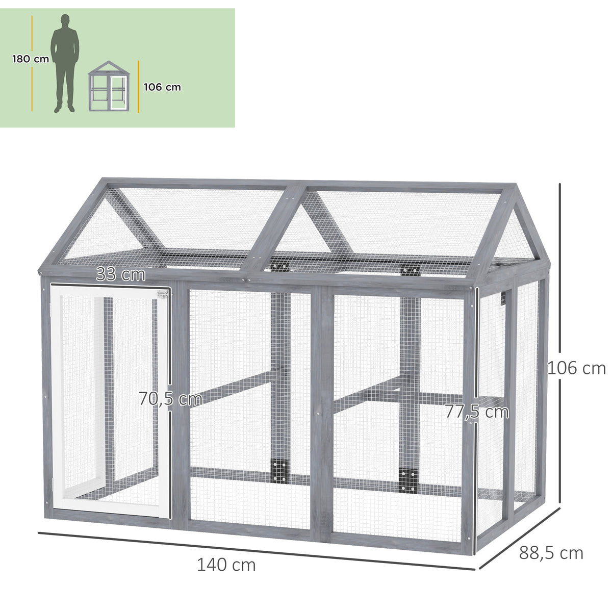 Enclos poulailler 1,18 m², parc grillagé avec porte verrouillables, cadre en bois massif, 140 x 88,5 x 106 cm, gris-2