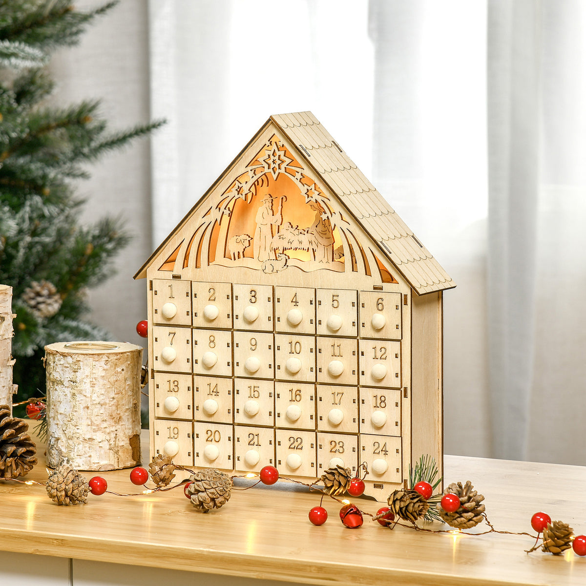 Calendrier de l'Avent à remplir en bois, décoration de Noël avec 24 tiroirs et 5 lumières LED, 26,6x6x30cm, bois naturel-1