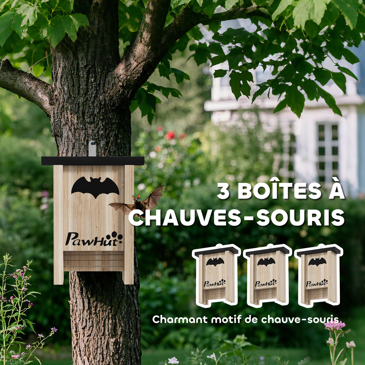 Ensemble de trois boîtes à chauve-souris nichoir chauve-souris avec un crochet18 x 6 x 22,5 cm bois naturel-3