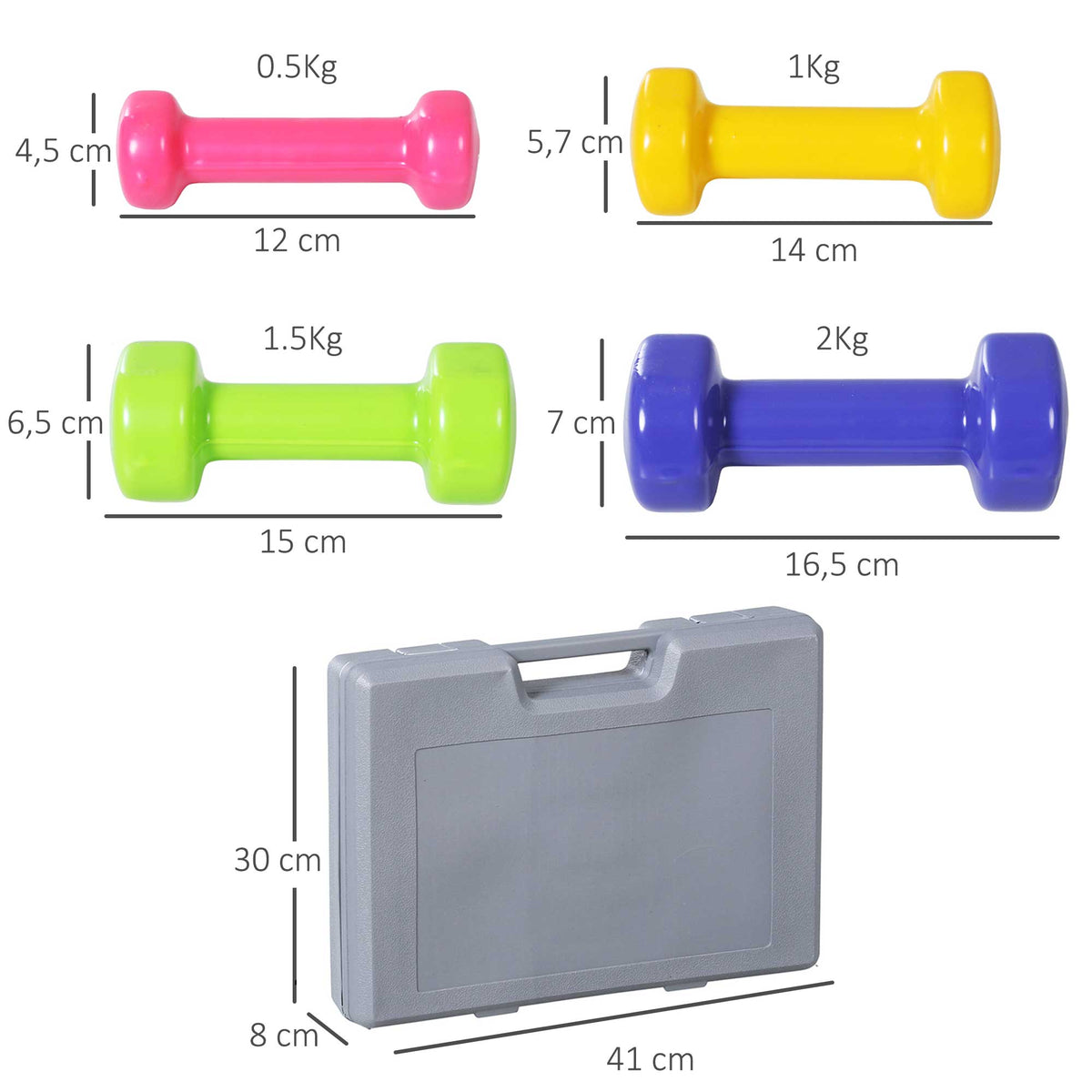 Ensemble d'haltères courtes total 10 Kg - paires de 0,5/1/1,5/2 Kg avec malette - entraînement musculaire & haltérophilie - métal PU rose, jaune, vert, violet-2
