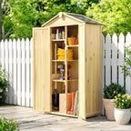 Armoire de Jardin Extérieur en Bois 3 Portes, 4 Étagères, Toit à Pignon, Compartiment, 93x53x168cm, Naturel-9