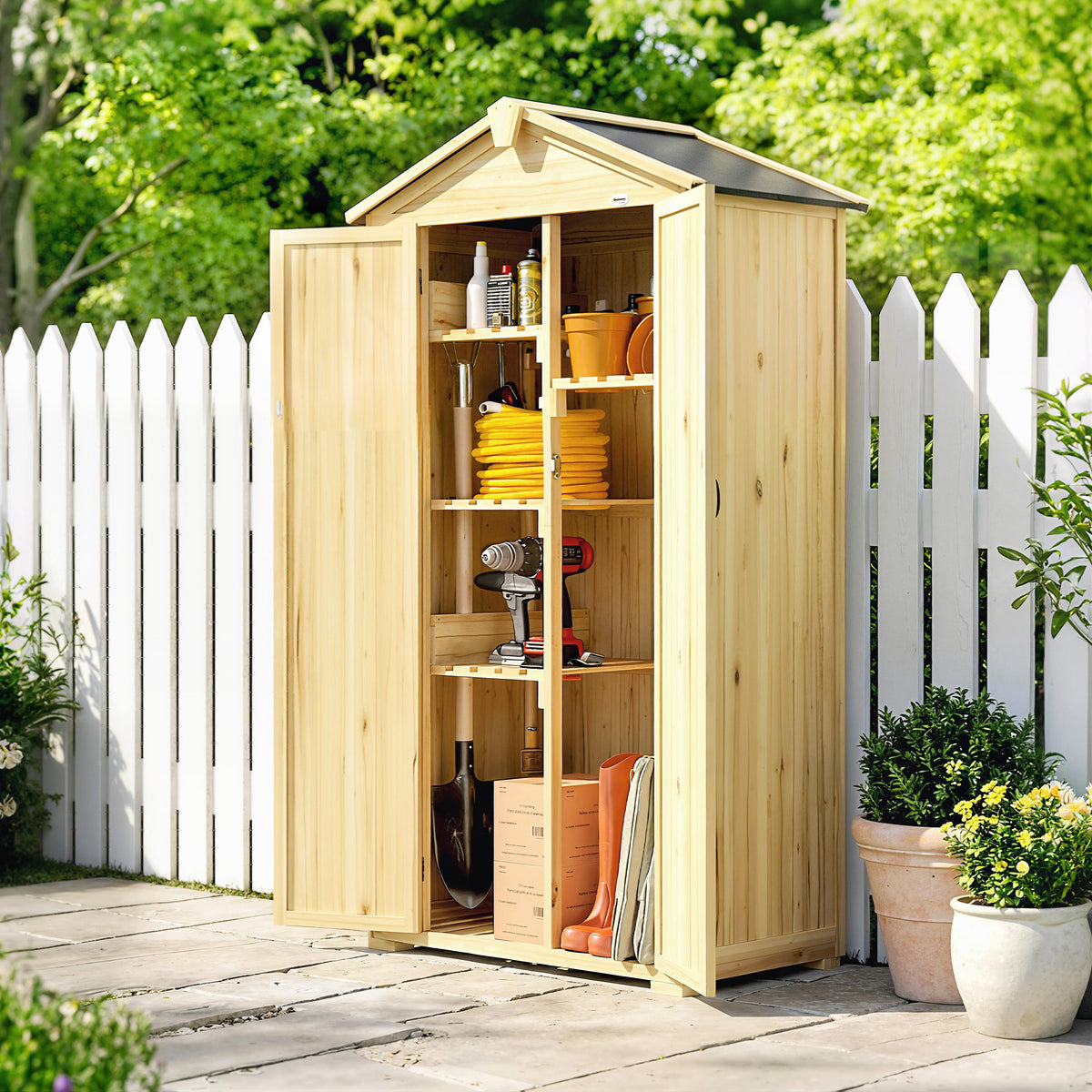 Armoire de Jardin Extérieur en Bois 3 Portes, 4 Étagères, Toit à Pignon, Compartiment, 93x53x168cm, Naturel-9