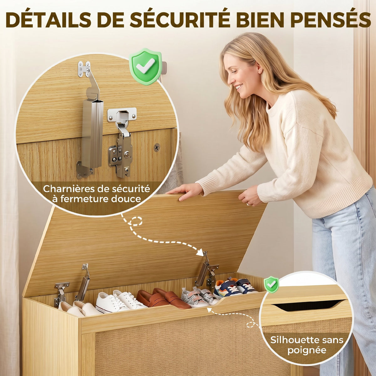 Coffre de Rangement en Rotin 136L, Banc Coffre avec Couvercle Relevable et 2 Charnières de Sécurité, Chêne-5