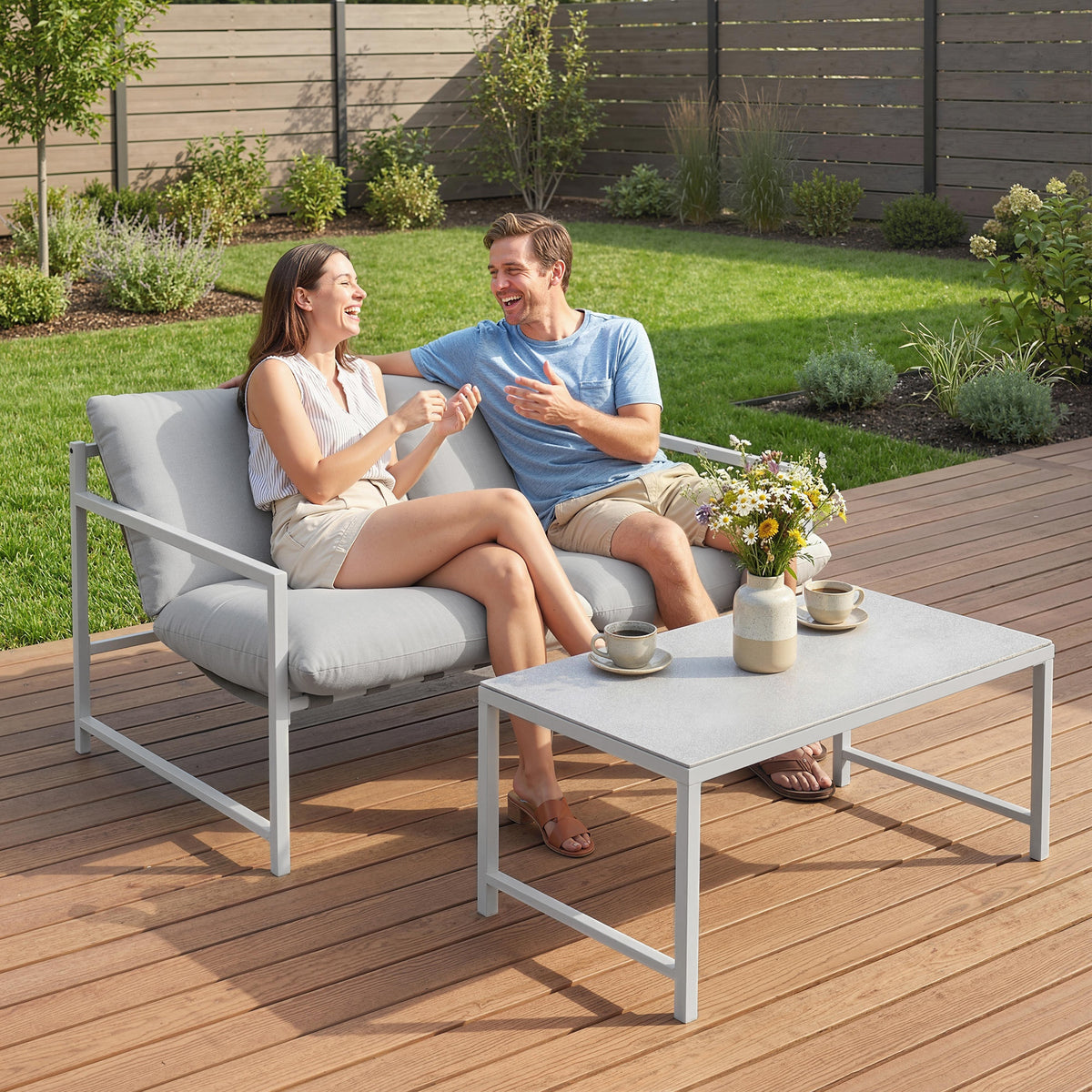Salon de Jardin Extérieur 2 Pièces, Canapé avec Coussins, Table Basse en Verre Trempé Marbré 3D, 125x80x64cm, Gris Clair-9
