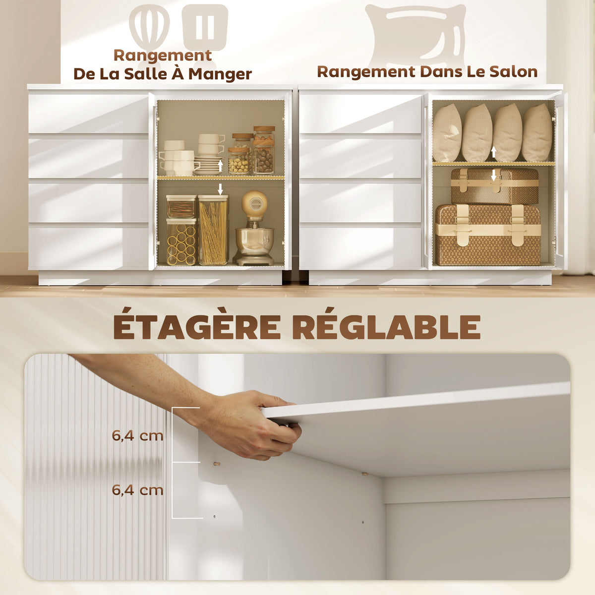 Buffet salon, meuble de rangement avec 4 tiroirs et 2 portes en verre trempé, étagère réglable, 120 x 40 x 91 cm, blanc-5