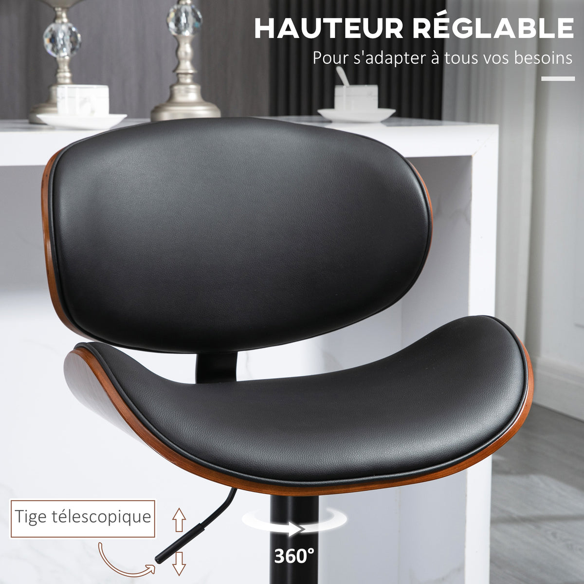 Lot de 2 chaises de bar tabouret hauteur réglable revêtement synthétique 53 x 52 x 92-112 cm noir-4