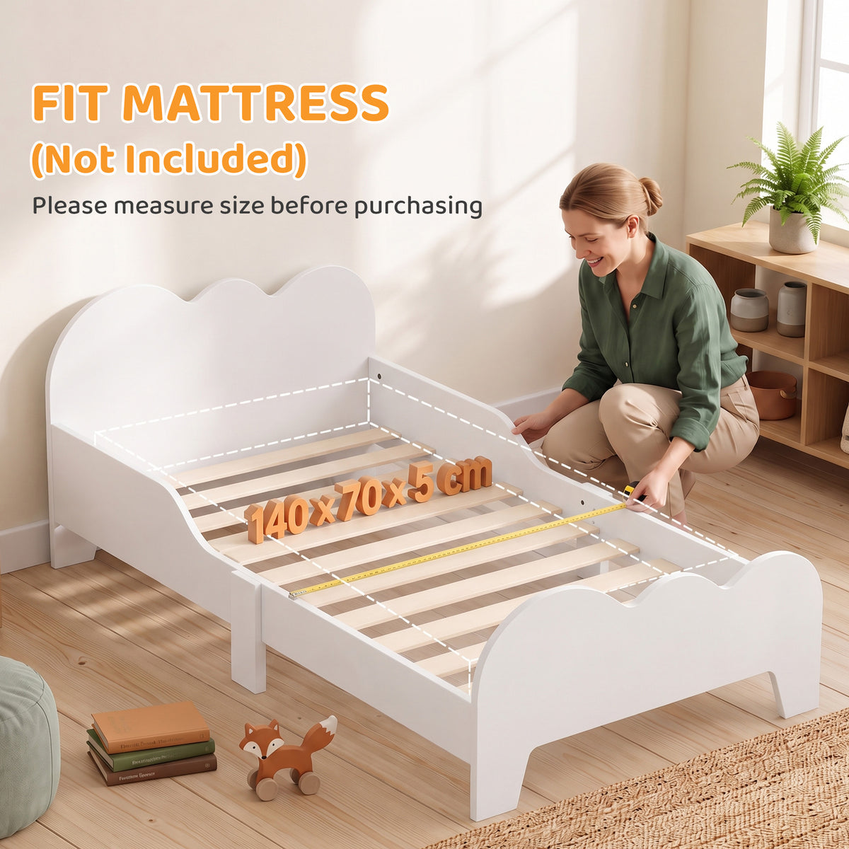 Lit enfant lit au sol enfant 70x140 cm avec barrière de sécurité, sommier à lattes inclus et décorations de nuage, blanc-7