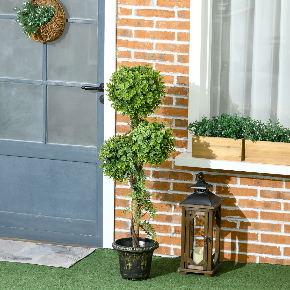 Plante artificielle arbre artificiel 3 boules de buis avec pot ciment, intérieur et extérieur, hauteur 115 cm-3