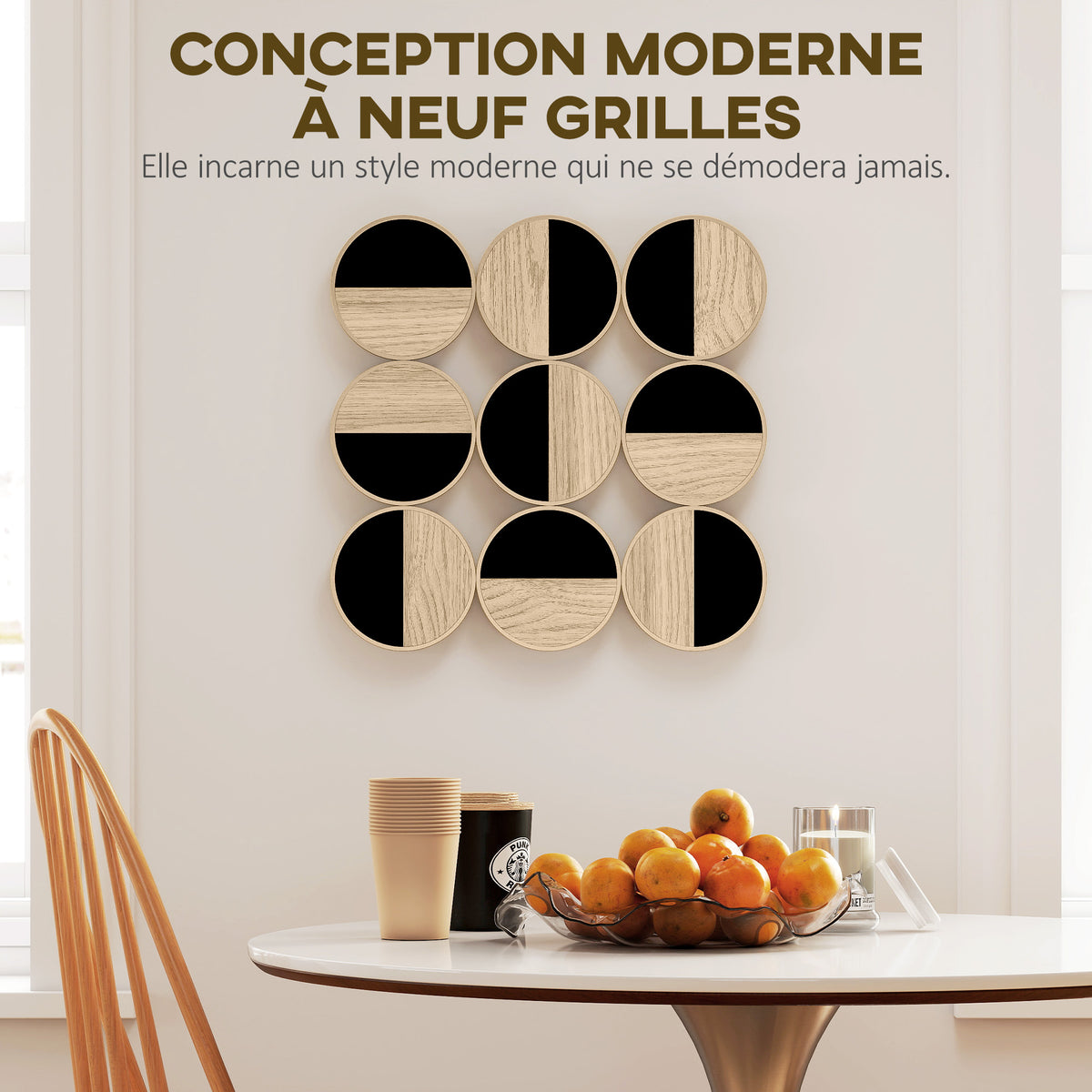 Décoration murale en métal, sculpture murale en métal, design unique à plusieurs disques, 60 x 60 cm, naturel et noir-3