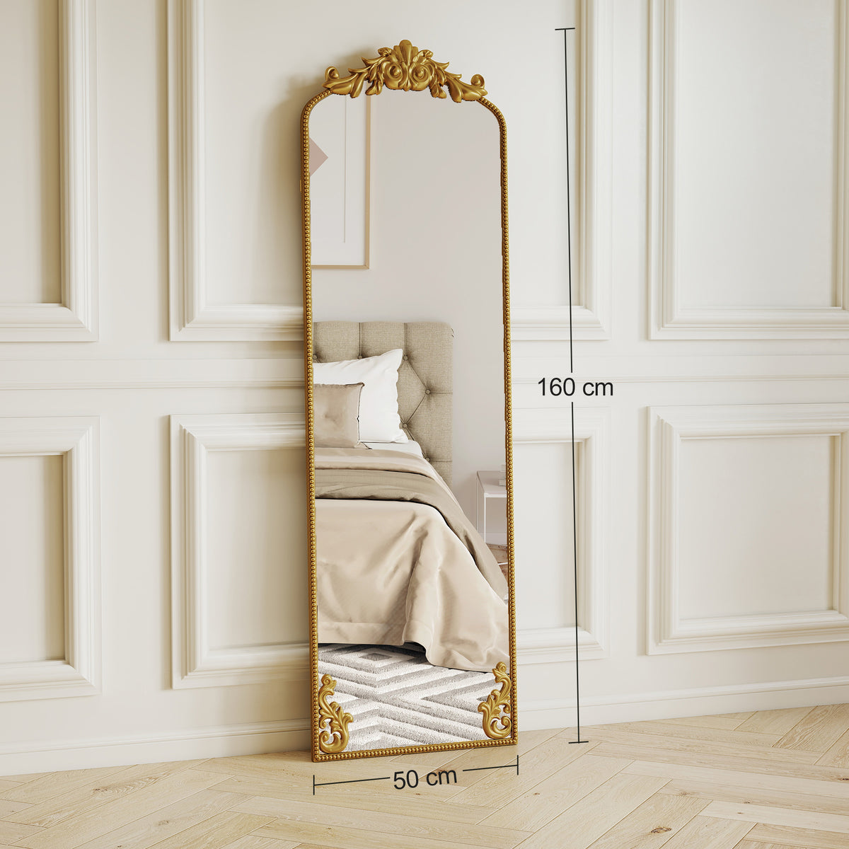 Miroir Pleine Longueur Baroque, 160 x 50 cm, Cadre en Métal, Montage au Sol, Suspendu ou Appuyé contre Le Mur, Doré-2