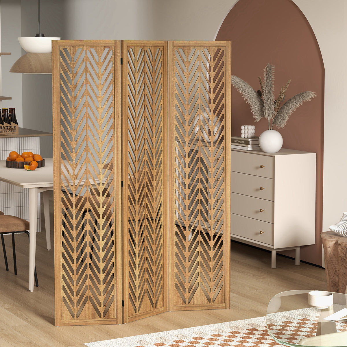 Paravent en bois ajouré séparateur de pièce closion intérieur pliable 3 panneaux en bois 120 x 170 cm naturel-9