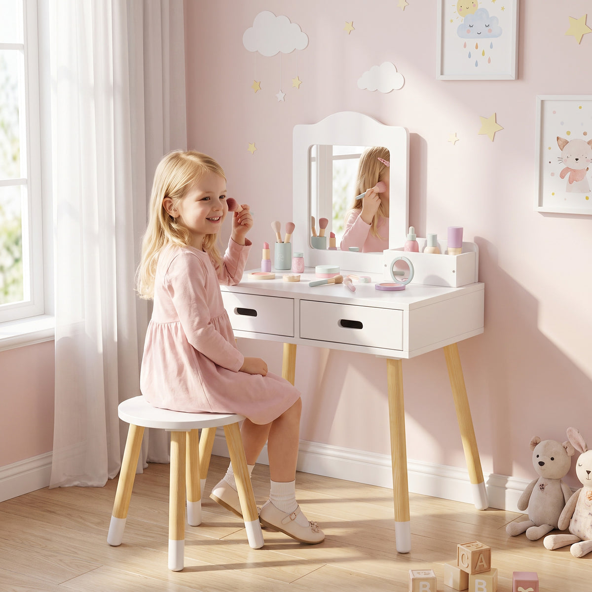 Coiffeuse enfant table de maquillage avec tabouret miroir et 2 tiroirs 3 à 6 ans 60 x 40 x 95 cm blanc et bois-1