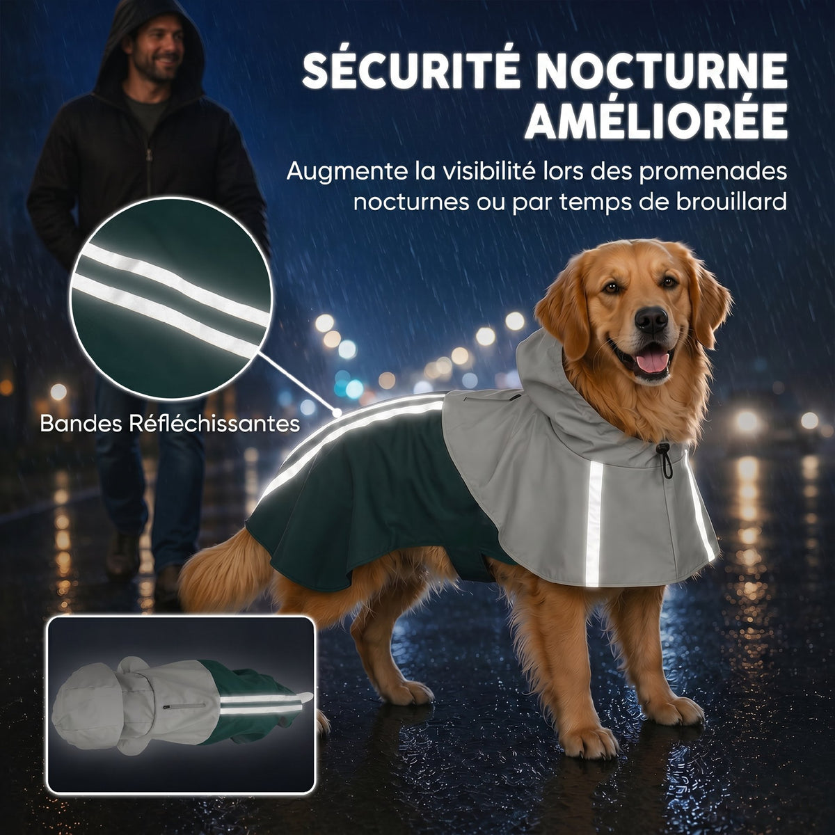 Imperméable pour Chien avec Capuche, Bandes Réfléchissantes, Ouverture pour Laisse, 110x72x0,5cm, Vert-4