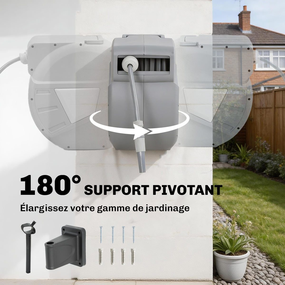 Enrouleur Tuyau Arrosage Mural 20+1,6m x Ø 15mm, Dévidoir de Tuyaux d'Eau Rétractable Automatique Pivotant à 180°, Gris-5