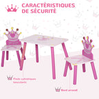 Ensemble table et 2 chaises enfant 3 pièces, pieds en bois massif, table avec chaise motif couronne, pour filles et garçons de 2 à 4 ans, rose-3