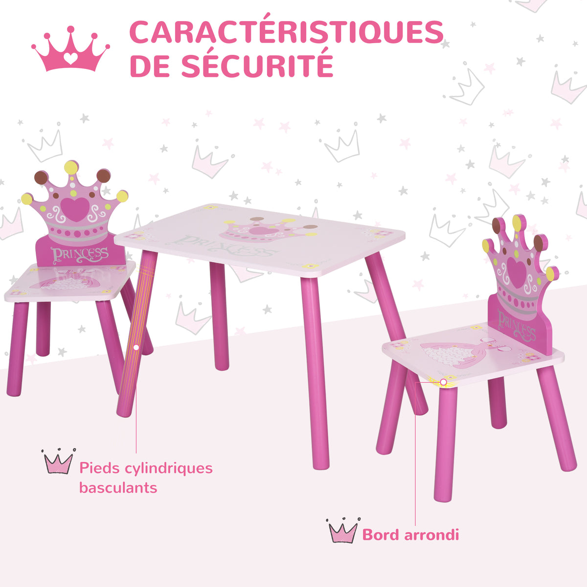 Ensemble table et 2 chaises enfant 3 pièces, pieds en bois massif, table avec chaise motif couronne, pour filles et garçons de 2 à 4 ans, rose-3