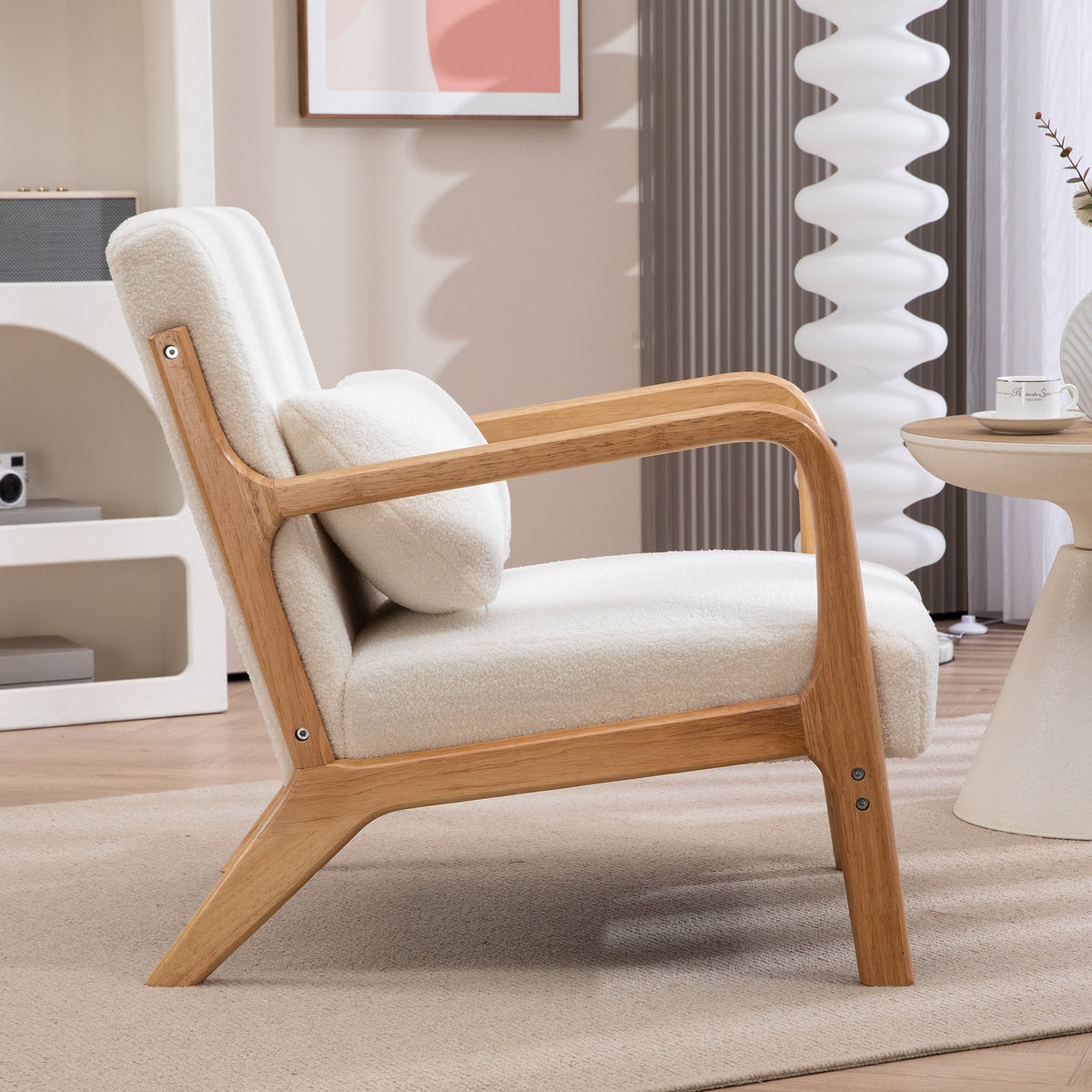 Fauteuil lounge - 3 coussins inclus - assise profonde - accoudoirs - structure bois hévéa - tissu bouclette crème-5