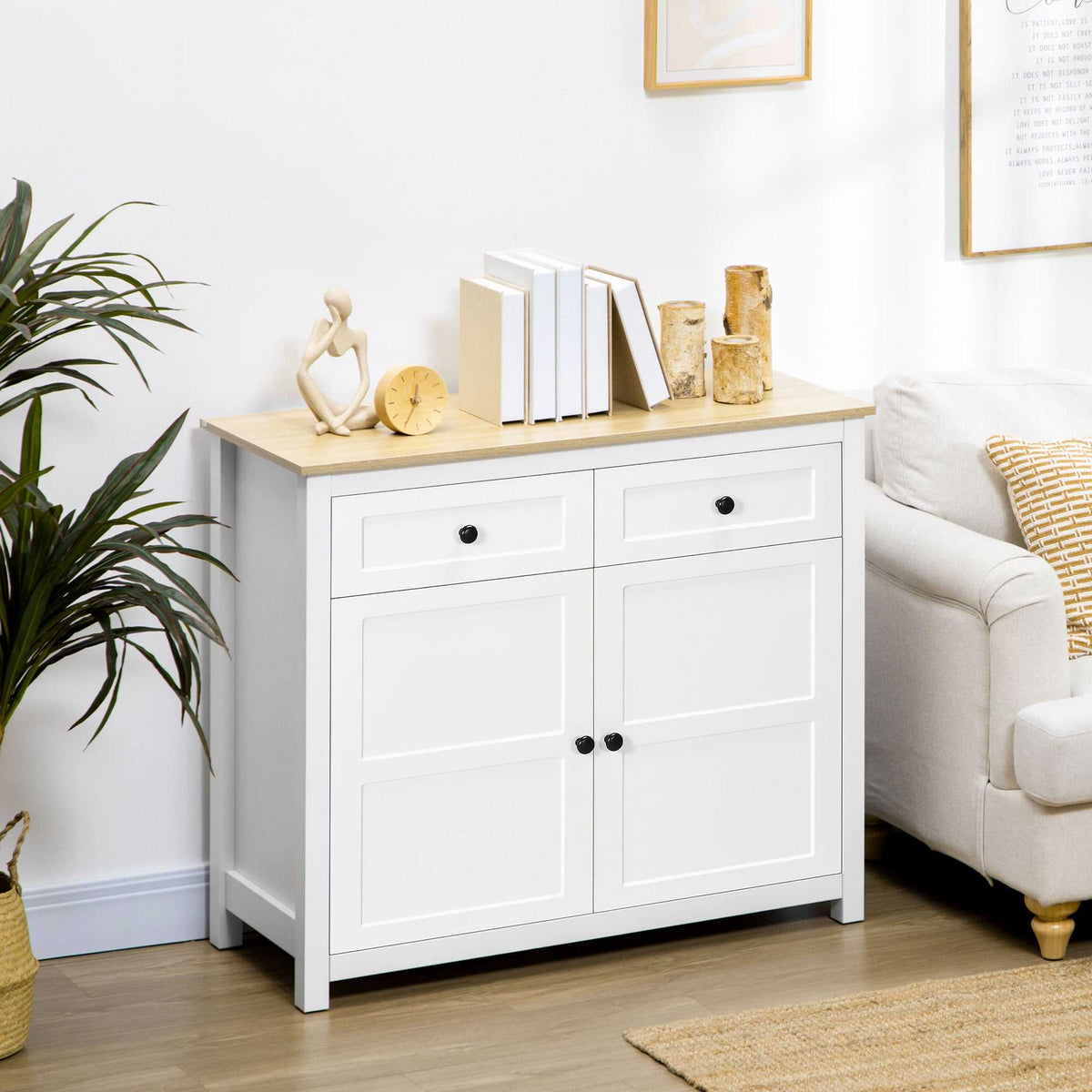 Commode meuble de rangement 2 portes avec étagère réglable en hauteur 2 tiroirs 100 x 40 x 85 cm blanc et aspect bois-1