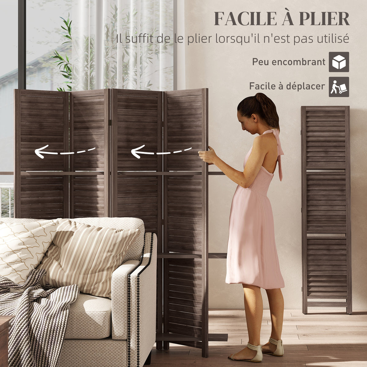 Paravent intérieur en bois 4 panneaux 160 x 170 cm, séparateur de pièce pliable avec 3 étagères, noyer-4