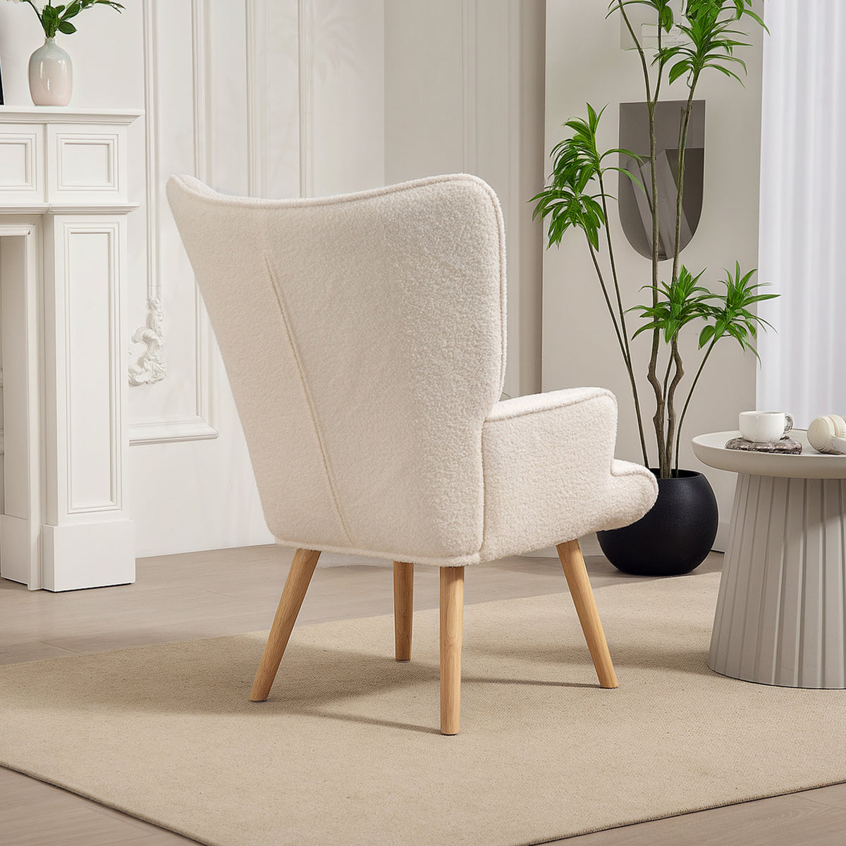 Fauteuil de salon en tissu bouclette, fauteuil capitonné et rembourré avec pieds en bois, 71 x 74 x 96 cm, beige-7