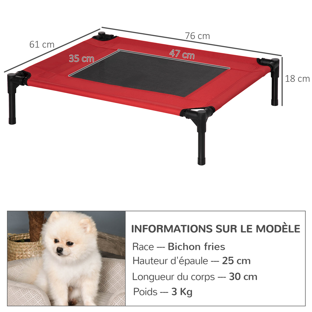 Lit surélevé pour chiens chats animaux de compagnie tissu oxford textilène micro-perforé 76 x 61 x 18 cm rouge et noir-2
