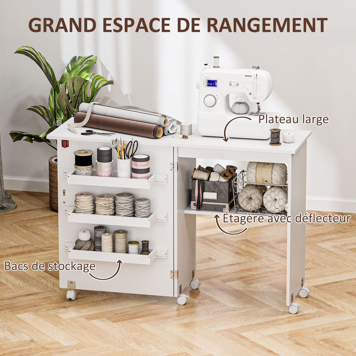 Table de couture pliante meuble couture à abattant avec bacs de rangement, étagère ouverte et roulettes, blanc-4