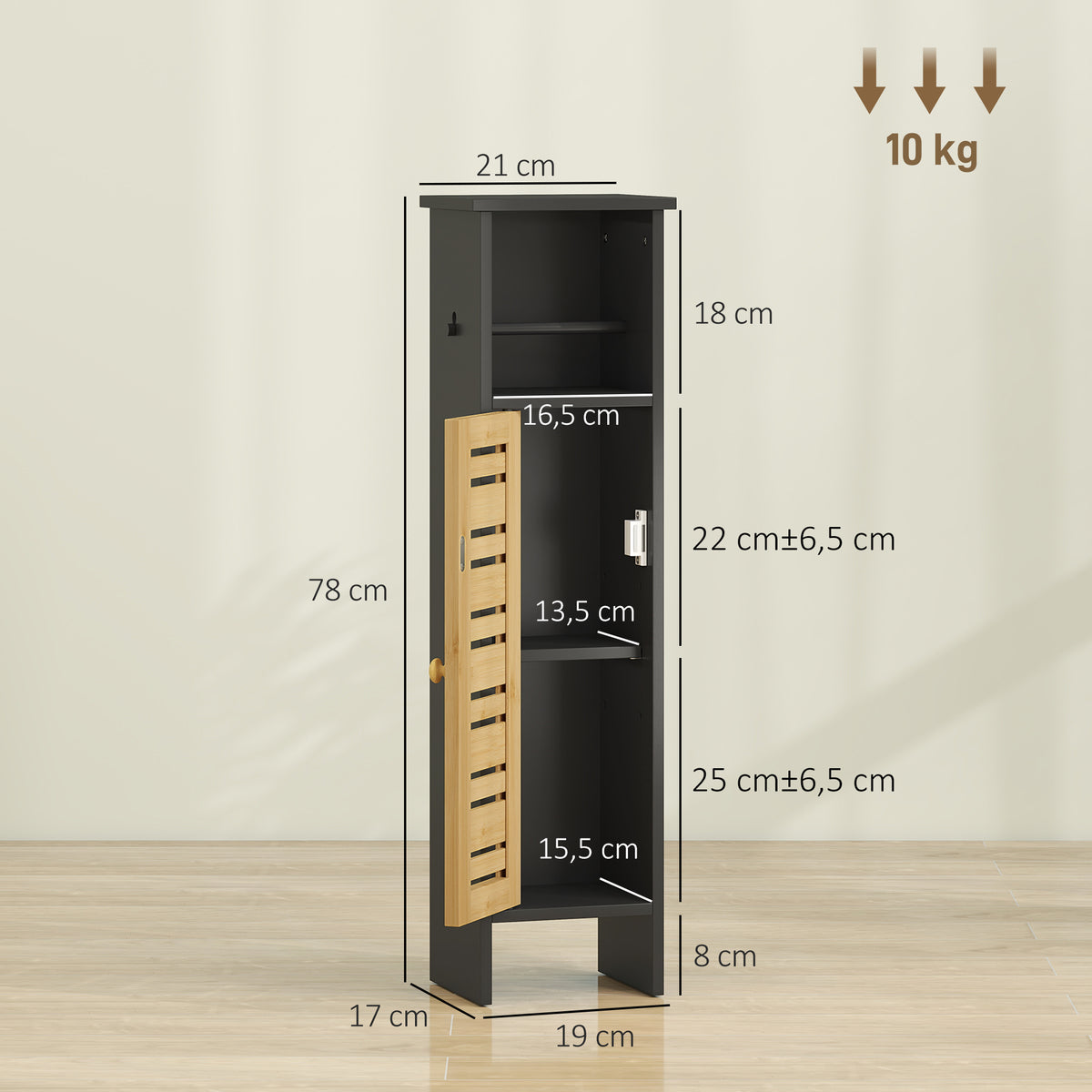 Meuble de salle de bain avec support papier toilette barre amovible 3 Niveaux + Sortie Papier, 78H cm, Bambou noir-2