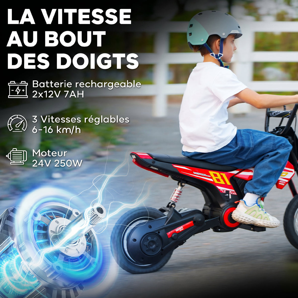 Moto électrique enfants 24V, moteur 250W, vitesse 6,4-16 km/h, pour enfants 8-12 ans, suspension arrière, rouge-3