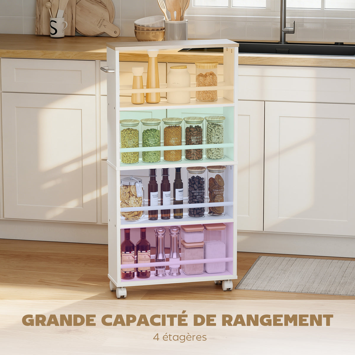 Chariot de rangement à 4 niveaux, desserte à roulettes avec poignées, desserte étroite, 45 x 15 x 91 cm, blanc-3
