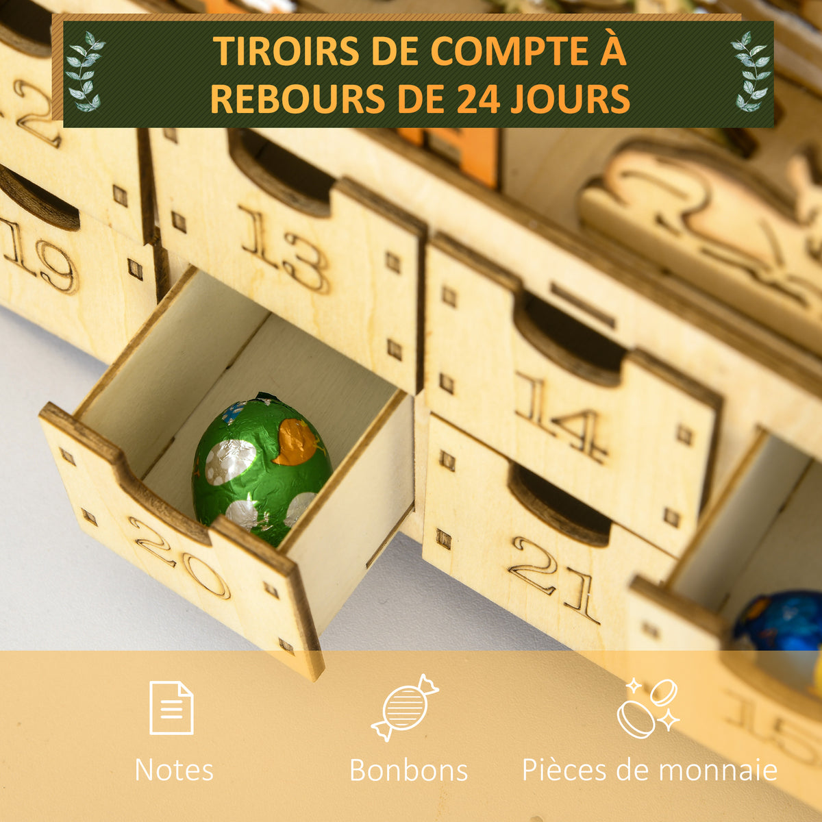 Calendrier de l'Avent LED en forme de village enneigé avec 24 tiroirs décoration lumineuse de Noël beige-4
