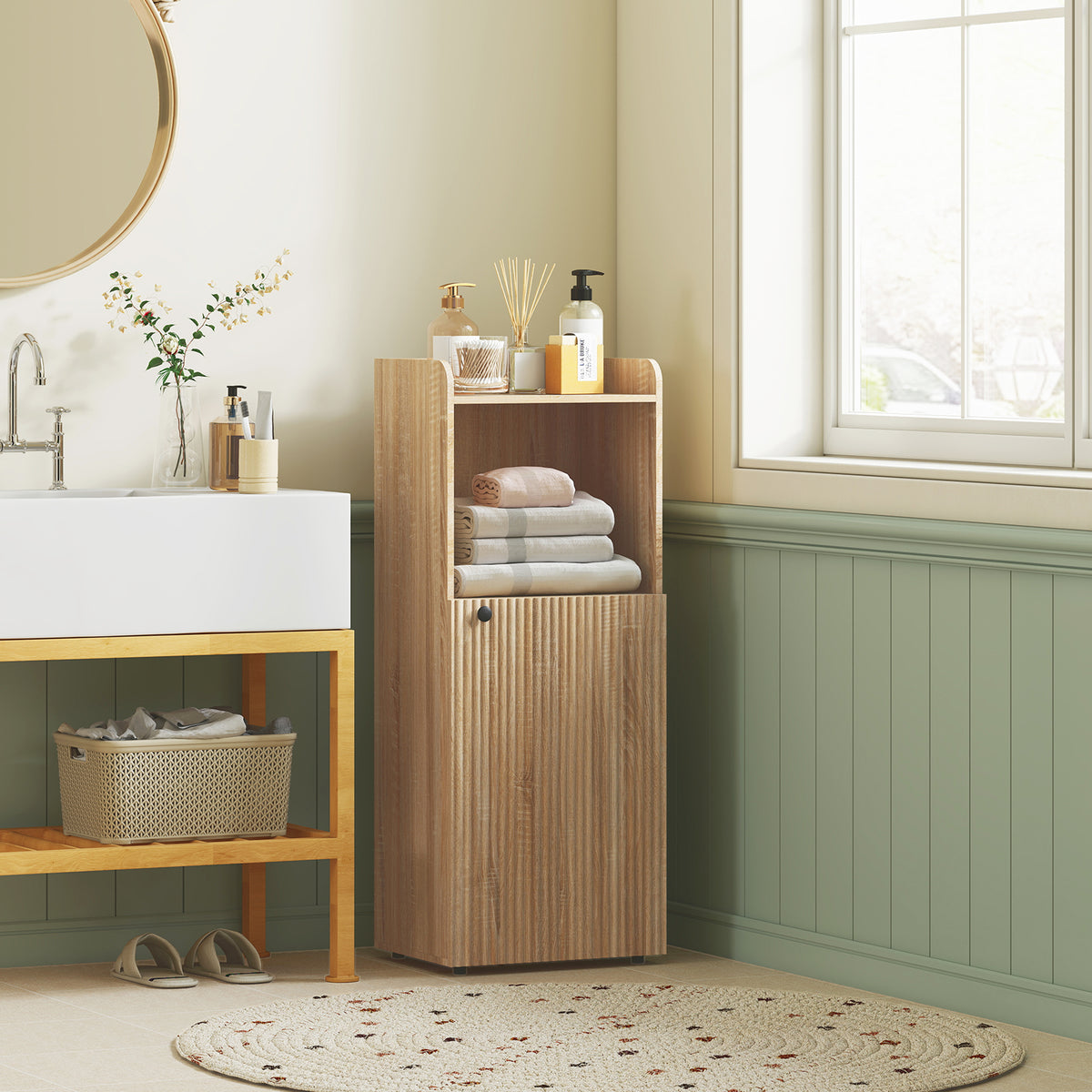 Meuble salle de bain, meuble de rangement étroit 4 niveaux, placard, compartiment ouvert, 40 x 31 x 104 cm, chêne jaune-1