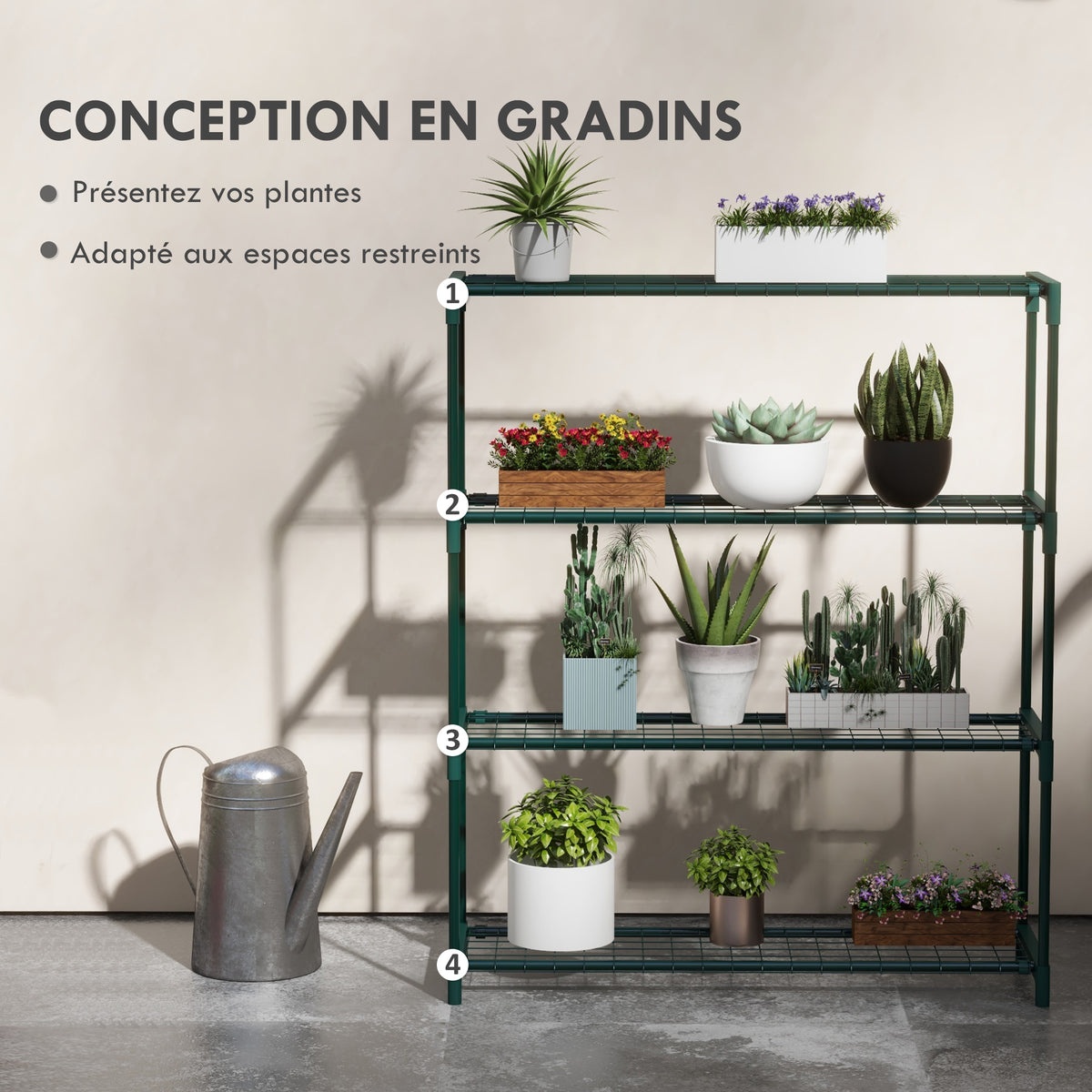 Étagère à fleurs supports porte plante 4 niveaux, intérieur et extérieur en acier, dim. 89L x 28l x 107H cm, vert-3