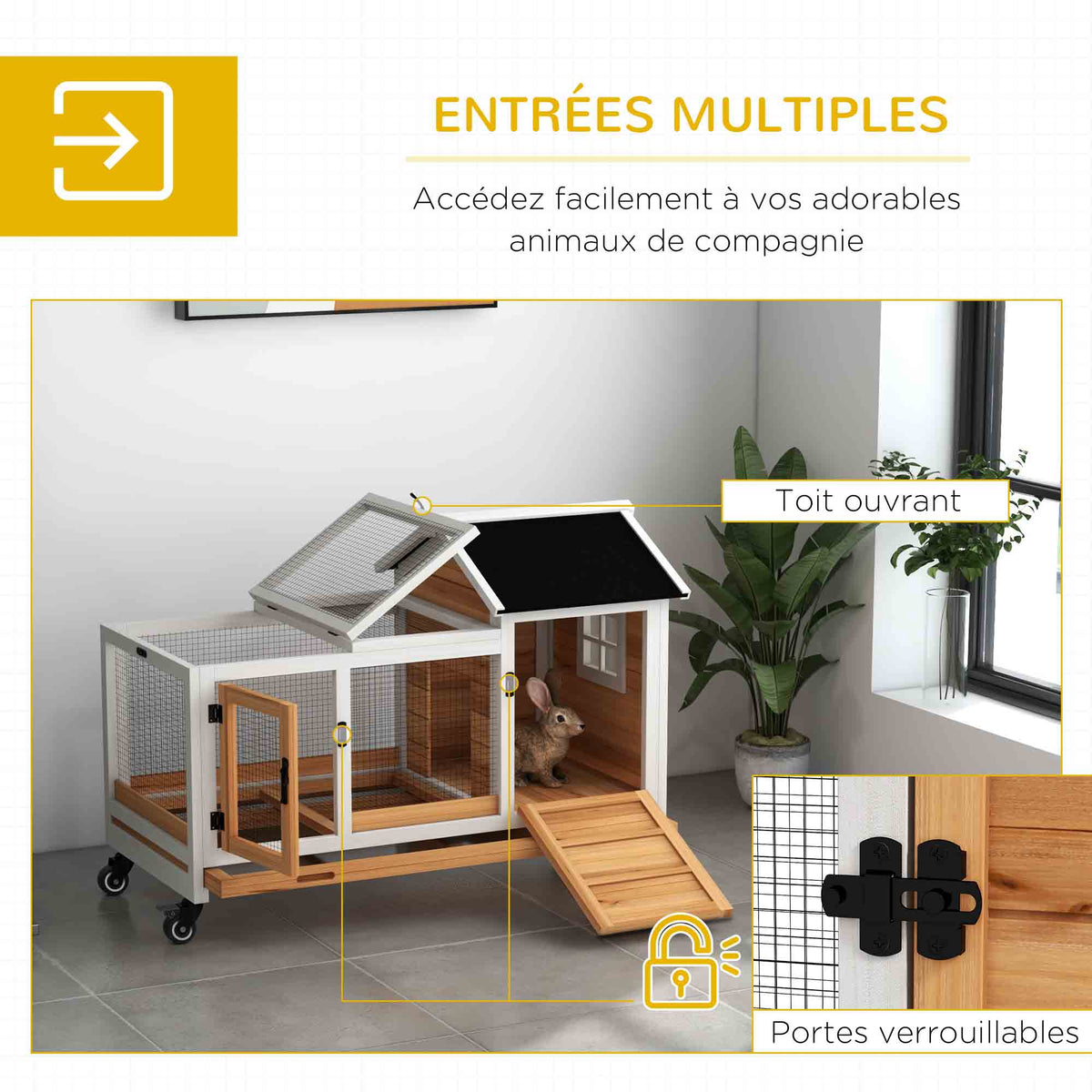 Clapier cage à lapins rongeurs sur roulettes 2 portes verrouillables - 108 x 58 x 73,5 cm bois massif jaune-4