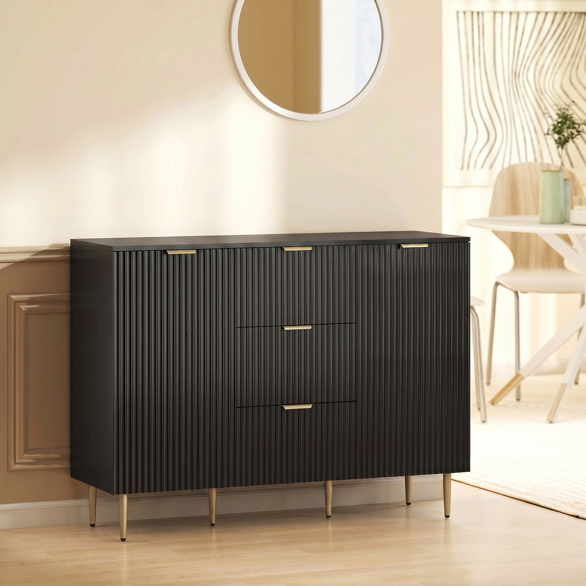 Buffet meuble cuisine rangement avec 3 tiroirs, étagères réglables, placards à portes cannelées, 120 x 40 x 90 cm, noir-1