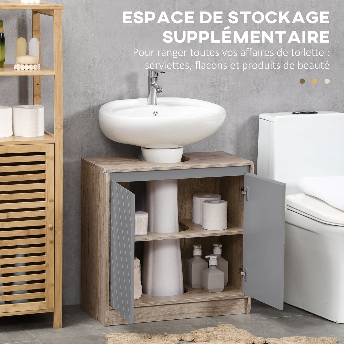 Meuble salle de bain sous Lavabo - meuble sous-vasque - placard 2 portes avec étagère - 60L x 30l x 59,8H cm-5